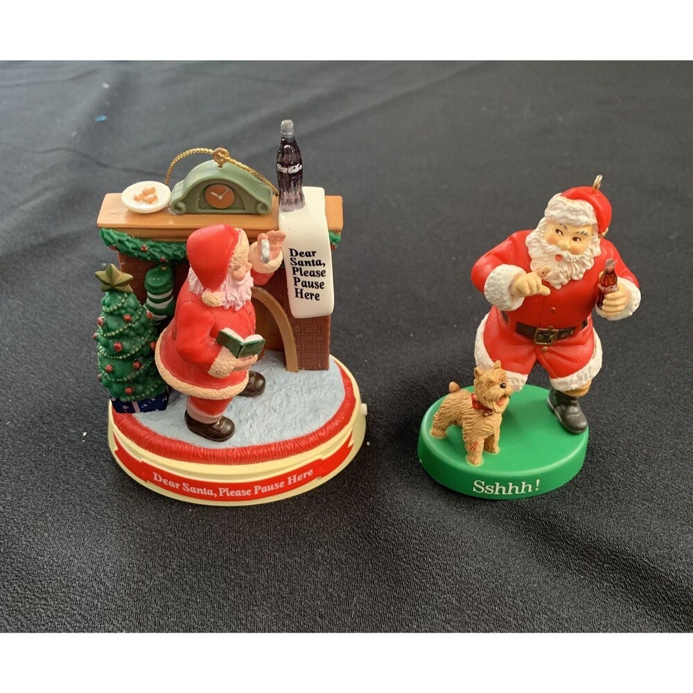 Coca Cola Christmas Ornaments Coke Santa Shh Dog Musical Fireplace Lot/2 FLAWS